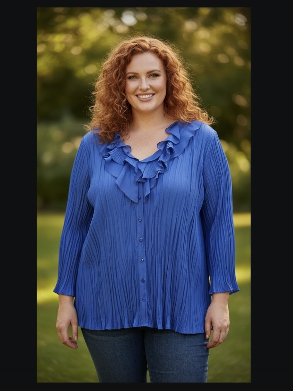 MAGGIE BARNES Cobalt Blue Ruffled Blouse